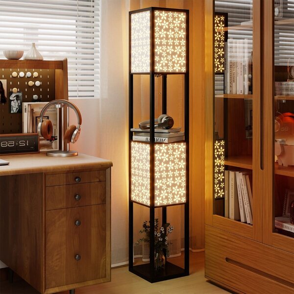 Lampa podłogowa z drewnianymi półkami