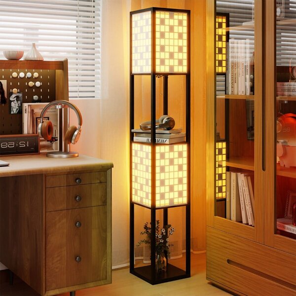 Lampa podłogowa z drewnianymi półkami