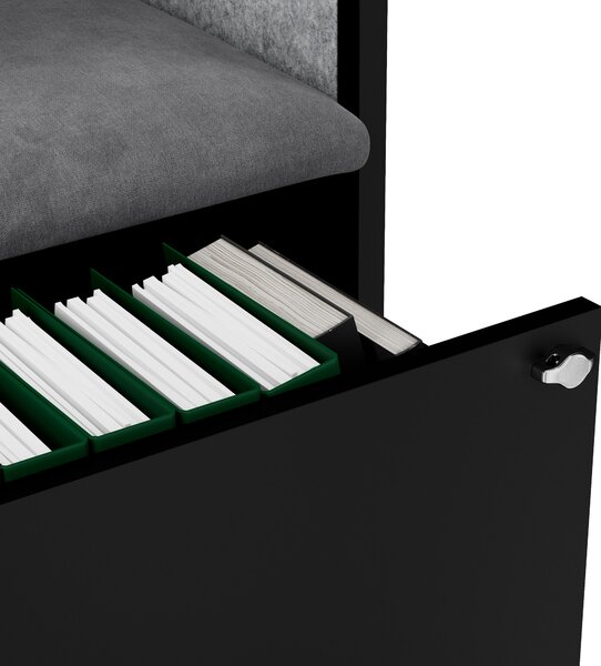 Szafa z siedziskiem i strefą wyciszenia SALLY MentalBox, czarny korpus, szare siedzisko, 1850 x 600 x 400 mm