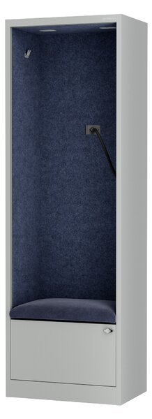 Szafa z siedziskiem i strefą wyciszenia SALLY MentalBox, szary korpus, granatowe siedzisko, 1850 x 600 x 400 mm