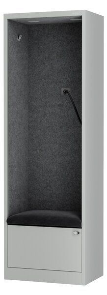 Szafa z siedziskiem i strefą wyciszenia SALLY MentalBox, szary korpus, ciemnoszare siedzisko, 1850 x 600 x 400 mm