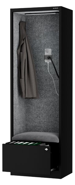 Szafa z siedziskiem i strefą wyciszenia SALLY MentalBox, czarny korpus, szare siedzisko, 1850 x 600 x 400 mm