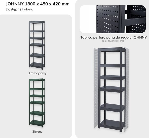 Regał metalowy wąski antracytowy: JOHNNY, 1800 x 450 x 420 mm