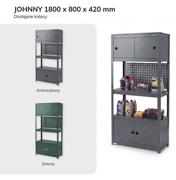 Regał metalowy z szafkami antracytowy: JOHNNY, 1800 x 800 x 420 mm
