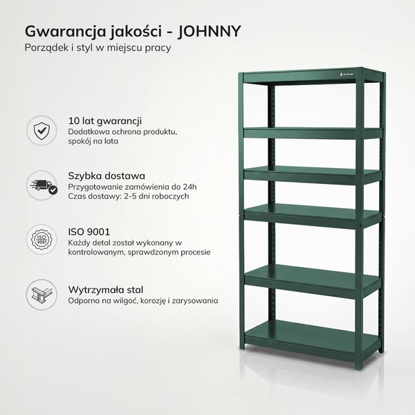 Regał metalowy szeroki zielony: JOHNNY, 1800 x 800 x 420 mm
