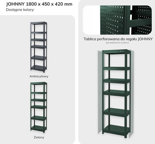 Regał metalowy wąski zielony: JOHNNY, 1800 x 450 x 420 mm