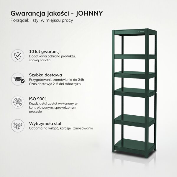 Regał metalowy wąski zielony: JOHNNY, 1800 x 450 x 420 mm