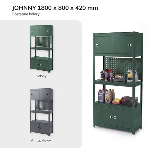 Regał metalowy z szafkami zielony: JOHNNY, 1800 x 800 x 420 mm