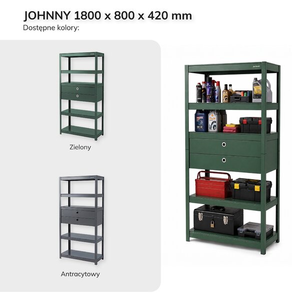 Regał metalowy z szufladami zielony: JOHNNY, 1800 x 800 x 420 mm