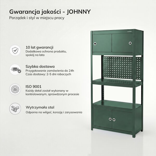 Regał metalowy z szafkami zielony: JOHNNY, 1800 x 800 x 420 mm