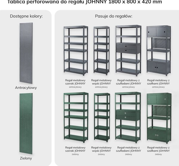 Tablica perforowana do regału zielona: JOHNNY, 2 sztuki, 1800 x 20 x 420 mm