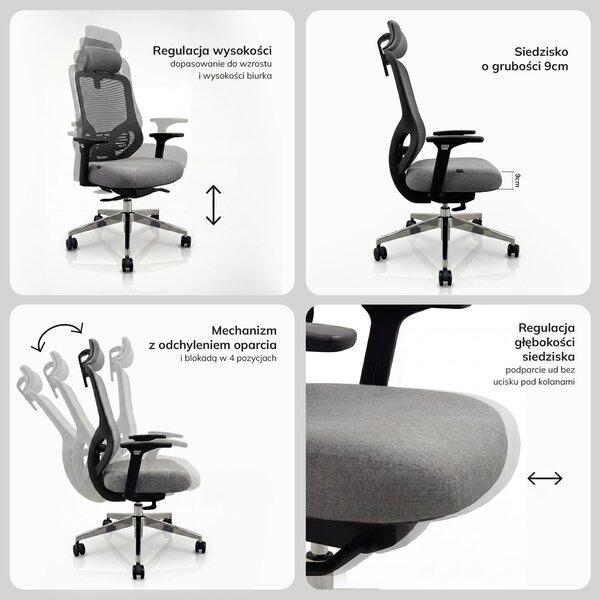 Ergonomiczny fotel biurowy z siatką ciemnoszary AXIS