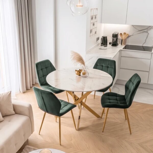 Stół Okrągły Szklany BALI 100 cm Biały Marmur/Złoty Glamour