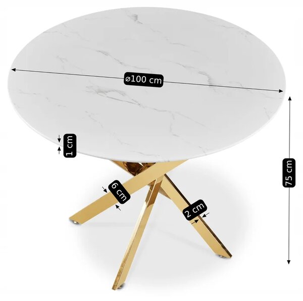 Stół Okrągły Szklany BALI 100 cm Biały Marmur/Złoty Glamour