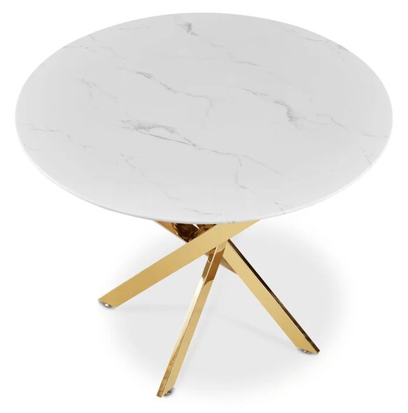 Stół Okrągły Szklany BALI 100 cm Biały Marmur/Złoty Glamour