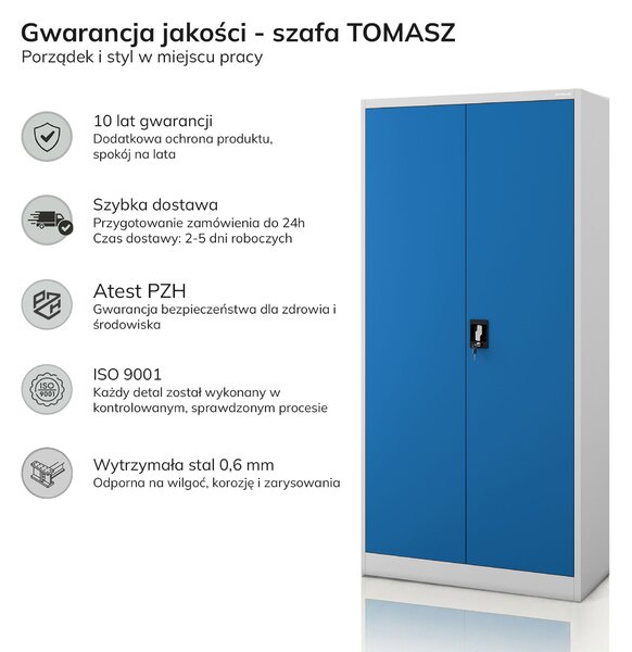 Szafa metalowa ze schowkiem szaro-niebieska: TOMASZ, 900 x 1850 x 450 mm