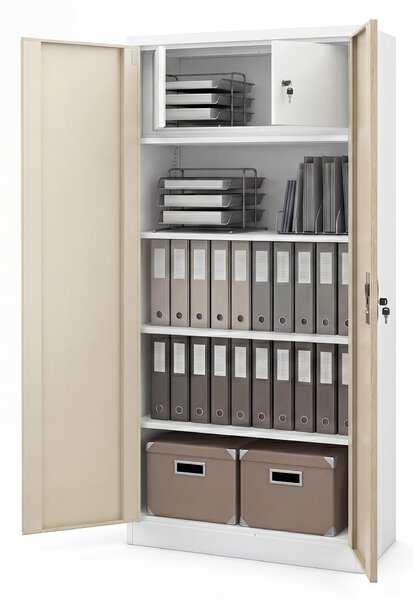 Szafa metalowa ze schowkiem biała / dąb sonoma: Eco Design TOMASZ, 900 x 1850 x 450 mm