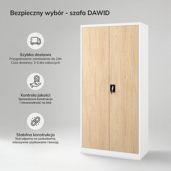 Szafa metalowa wielofunkcyjna biała / dąb sonoma: Eco Design DAWID, 900 x 1850 x 450 mm