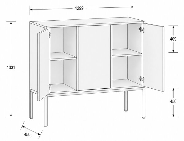 Szafa biurowa FRAME, niska, czarna podstawa, 3x drzwi, 1299 x 450 x 1331 mm, PUSH-lock, dąb naturalny