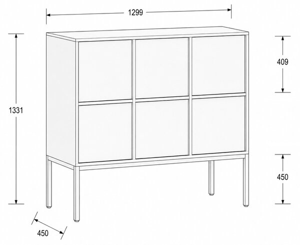 Szafa biurowa FRAME, niska, podstawa biała, 6x drzwi, 1299 x 450 x 1331 mm, PUSH-lock, biały