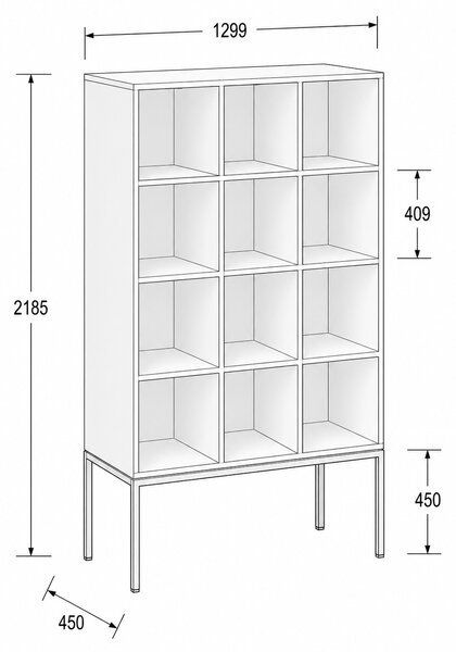 Regał FRAME, z białą podstawą, 1299 x 450 x 2185 mm, orzech