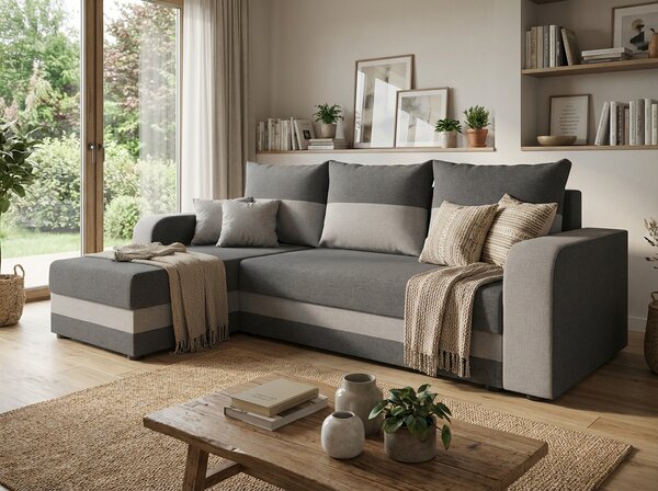 Rozkładana narożna sofa VALERIO 238x140 cm, ciemnoszara/jasnoszara, uniwersalna + 2 poduszki GRATIS