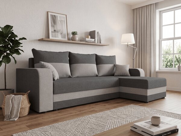 Rozkładana narożna sofa VALERIO 238x140 cm, ciemnoszara/jasnoszara, uniwersalna + 2 poduszki GRATIS
