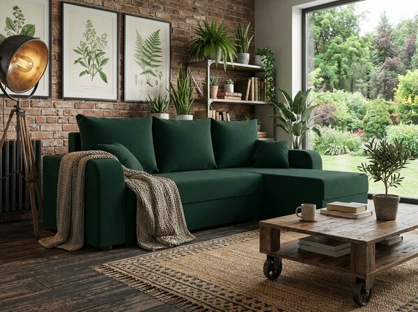 Rozkładana narożna sofa VALERIO 238x140 cm, ciemnozielona, uniwersalna + 2 poduszki GRATIS