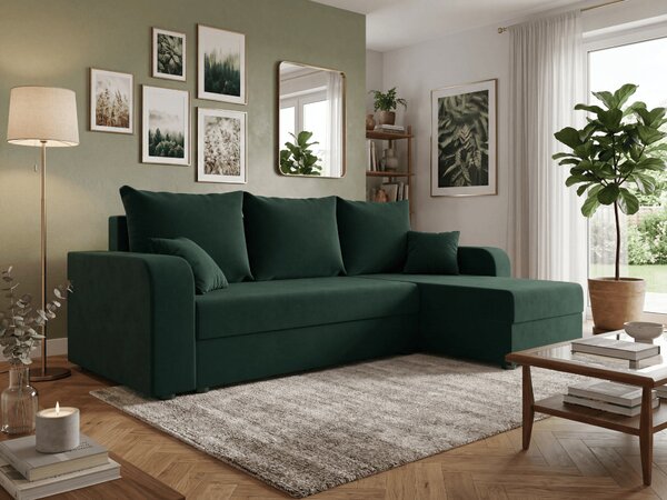 Rozkładana narożna sofa VALERIO 238x140 cm, ciemnozielona, uniwersalna + 2 poduszki GRATIS