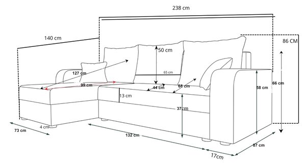 Rozkładana narożna sofa VALERIO 238x140 cm, jasnoszara/beżowa, uniwersalna + 2 poduszki GRATIS