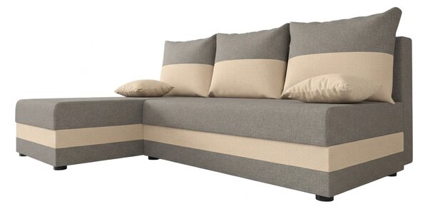 Rozkładana narożna sofa VALERIO SLIM 200x140 cm, jasnoszara/beżowa, uniwersalna + 2 poduszki GRATIS