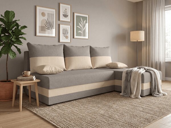 Rozkładana narożna sofa VALERIO SLIM 200x140 cm, jasnoszara/beżowa, uniwersalna + 2 poduszki GRATIS