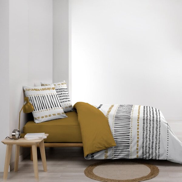 Musztardowo-biała bawełniana pościel dwuosobowa 240x220 cm Chicago – douceur d'intérieur