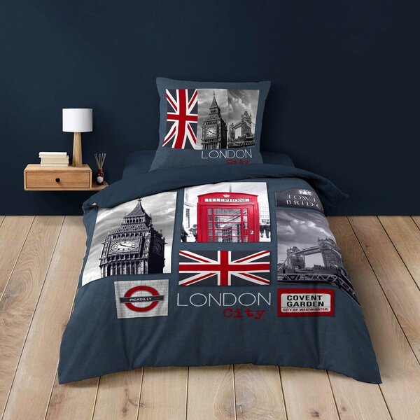Ciemnoniebieska bawełniana pościel jednoosobowa 140x200 cm City London – douceur d'intérieur