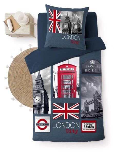 Ciemnoniebieska bawełniana pościel jednoosobowa 140x200 cm City London – douceur d'intérieur