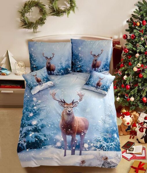 Pościel bawełniana 3D SNOWY DEER niebieski + poszewka na poduszkę 40x50 cm gratis Rozmiar pościeli: 70 x 90 cm | 140 x 200 cm