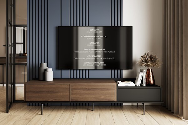 Szafka RTV Zenar 200 cm z metalowymi nogami i szufladą - orzech elegant / czarny