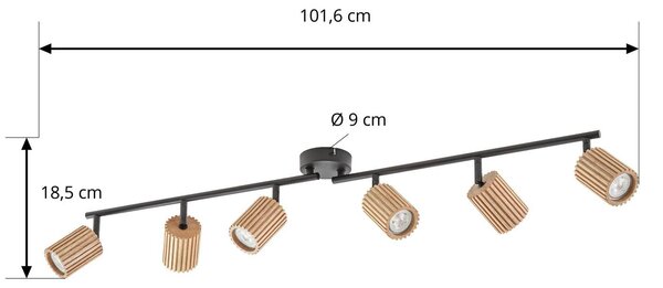 Reflektor sufitowy Lindby Stralino, 6-punktowy, długość 102 cm, drewno Stralino Lindby, możliwość ściemniania, jasne drewno, przedpokój, drewno, nowoczesny