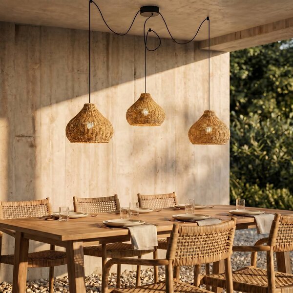Lampa wisząca zewnętrzna Lucande Taniola, 3-punktowa, beżowa, rattan, IP44 Taniola Lucande, możliwość ściemniania, jasne drewno, drewno, dworkowy / rustykalny