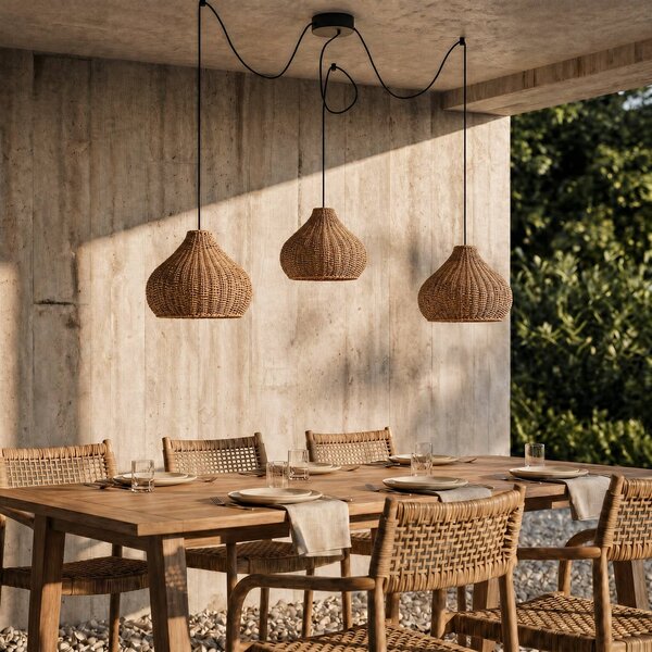 Lampa wisząca zewnętrzna Lucande Taniola, 3-punktowa, beżowa, rattan, IP44 Taniola Lucande, możliwość ściemniania, jasne drewno, drewno, dworkowy / rustykalny