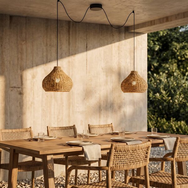 Lampa wisząca zewnętrzna Lucande Taniola, 2-punktowa, beżowa, rattan, IP44 Taniola Lucande, możliwość ściemniania, jasne drewno, drewno, dworkowy / rustykalny