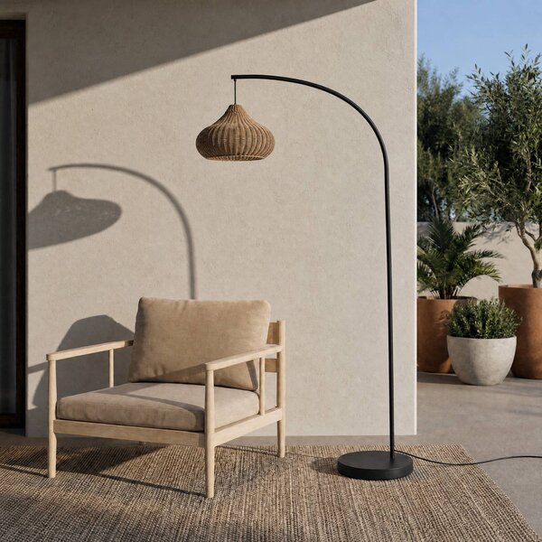 Lampa stojąca zewnętrzna Lucande Taniola, beżowa, rattanowa, 195 cm, IP44 Taniola, jasne drewno, drewno, dworkowy / rustykalny