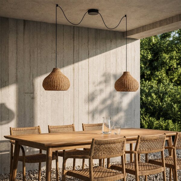 Lampa wisząca zewnętrzna Lucande Taniola, 2-punktowa, beżowa, rattan, IP44 Taniola Lucande, możliwość ściemniania, jasne drewno, drewno, dworkowy / rustykalny