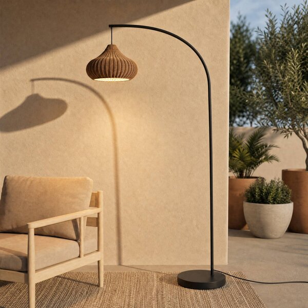Lampa stojąca zewnętrzna Lucande Taniola, beżowa, rattanowa, 195 cm, IP44 Taniola, jasne drewno, drewno, dworkowy / rustykalny