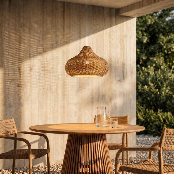 Lampa wisząca zewnętrzna Lucande Taniola, 1-punktowa, beżowa, rattan, IP44 Taniola Lucande, możliwość ściemniania, jasne drewno, drewno, dworkowy / rustykalny