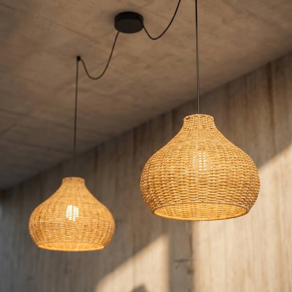 Lampa wisząca zewnętrzna Lucande Taniola, 2-punktowa, beżowa, rattan, IP44 Taniola Lucande, możliwość ściemniania, jasne drewno, drewno, dworkowy / rustykalny