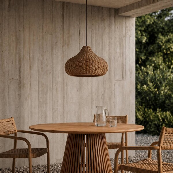 Lampa wisząca zewnętrzna Lucande Taniola, 1-punktowa, beżowa, rattan, IP44 Taniola Lucande, możliwość ściemniania, jasne drewno, drewno, dworkowy / rustykalny