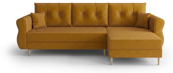 Rozkładana narożna sofa SILVIANO 230x140 cm, musztardowa, uniwersalna