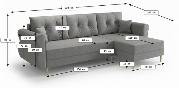 Rozkładana narożna sofa SILVIANO 230x140 cm, beżowa, uniwersalna