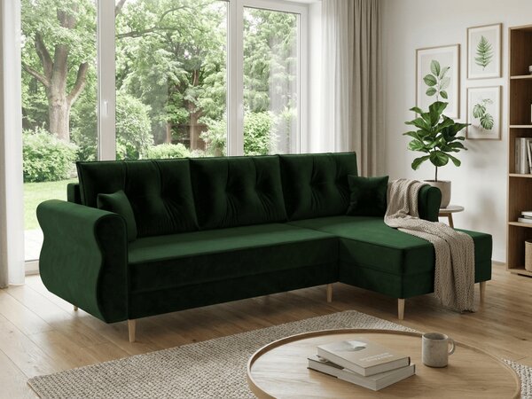 Rozkładana narożna sofa SILVIANO 230x140 cm, ciemnozielona, uniwersalna